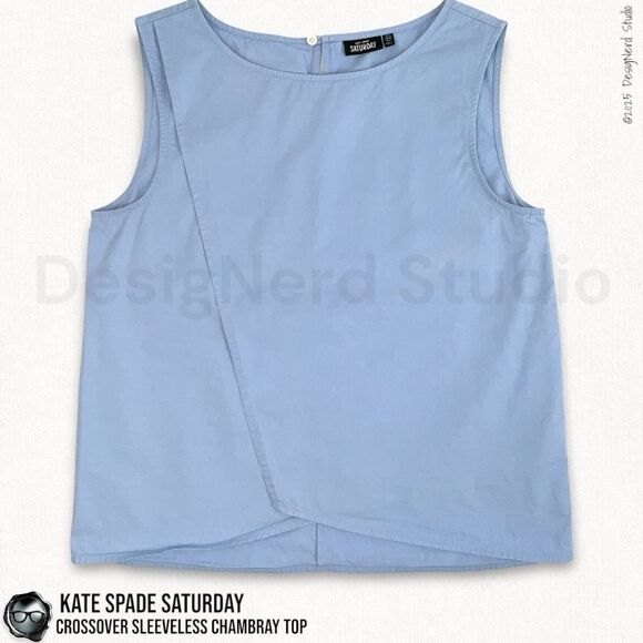 VINTAGE KATE SPADE SATURDAY CROSSOVER SLEEVELESS POPLIN SHIRT IN CHAMBRAY BLUE - Picture 2 of 8